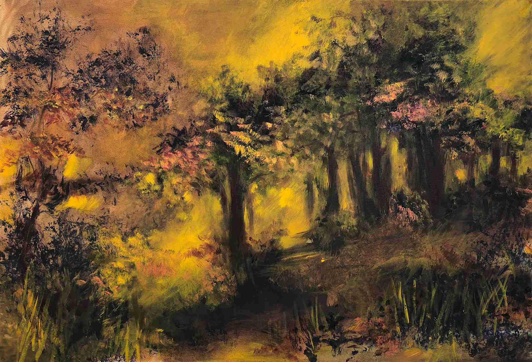 Sunset in the forest. Oil on canvas, Rivka Aderet Myers